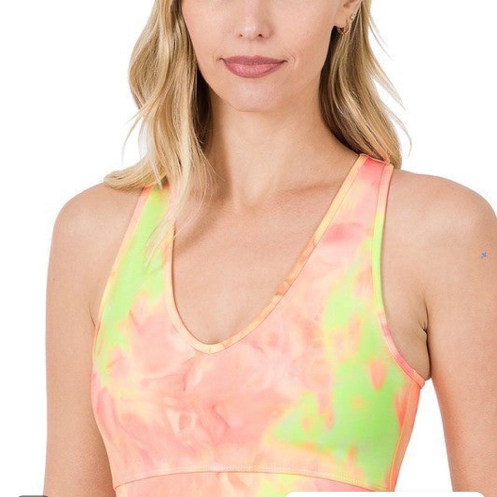 Zenana Tie-dye racer back cropped top colors may vary in stock photos